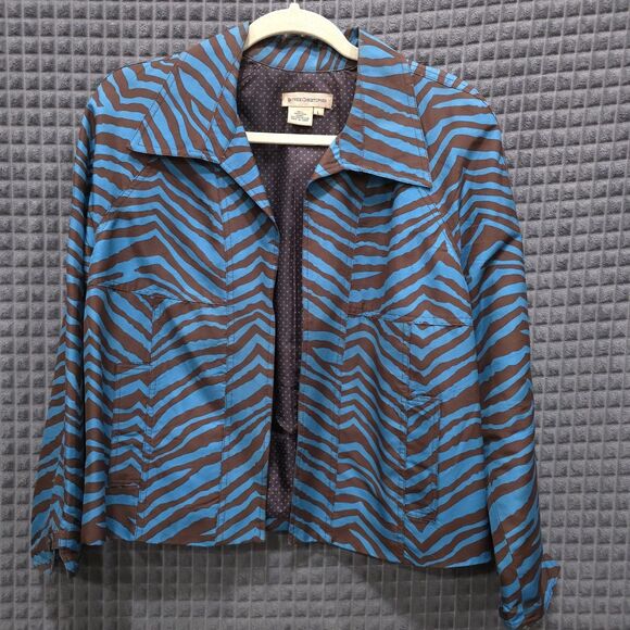 Blue Brown Zebra Silk Jacket Lg Y2K Open Blazer Glam Preppy Boho Chic Statement - Picture 1 of 14